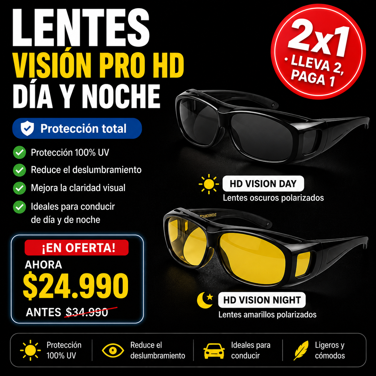 Lentes Visión Pro HD – Visión Clara de Día y Noche + Envio GRATIS