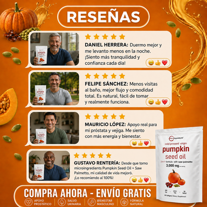 Aceite de Semilla de Calabaza + Saw Palmetto, Apoyo para la Próstata y la Salud Urinaria + 2x1 + Envio GRATIS