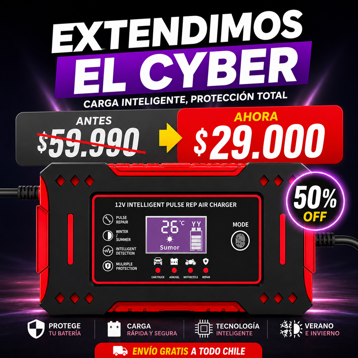 BATTERY FORCE PRO™ - Carga y Recuperación Inteligente + CEPILLO LIMPIAVIDRIO DE REGALO